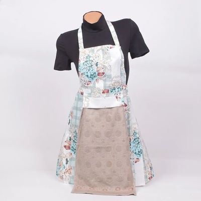 Готварска престилка с тюркоазен и кафяв десен с цветя и кърпа