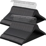 SONGMICS wooden clothes hangers, set of 50, hangers made of solid wood, notches in the shoulder area, non-slip trouser bar, 360° rotating hook, for suits, shirts, black-silver CRW02B-50 (CRW02B-50)