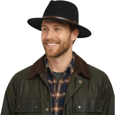 Fiebig Headwear since 1903 Cestovní klobouk vlněný s dvoubarevnou koženou stuhou širák černý – Zboží Dáma