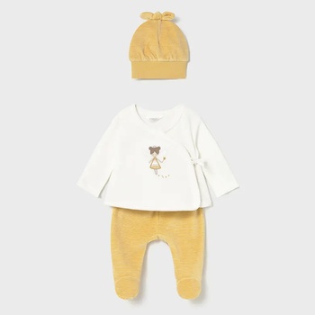 Mayoral Комплект ританки и шапка е меден цвят и бяла блуза за новородено момиче Mayoral