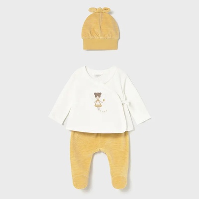 Mayoral Комплект ританки и шапка е меден цвят и бяла блуза за новородено момиче Mayoral