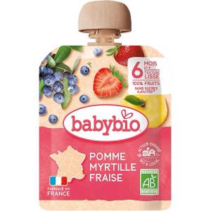 Babybio Био плодов мус Babybio - Ябълка, ягоди и боровинки, 6 м+, 90 g (3288131540147) - baby