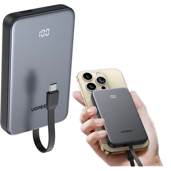 UGREEN PB526 Powerbank 10000 mAh, 20 W, USB-C, с вграден кабел, сив (6941876272853)