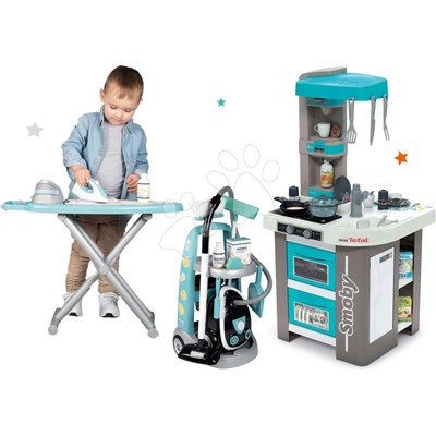 Smoby Set kuchyňka elektronická Tefal Studio 360° Bubble a žehlicí prkno se žehličkou a vozík s vysavačem