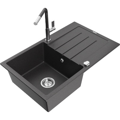 Mexen Bruno гранитна кухненска мивка с едно корито и отцедник и кухненски смесител Flora, черен на капки - 6513-76-670401-08 (6513-76-670401-08)