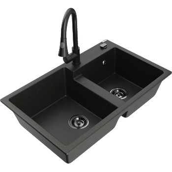 Mexen Tomas двукомпонентна гранитна мивка с кухненски смесител Elia, черен/златен металик - 6516-75-670101-70-B (6516-75-670101-70-B)