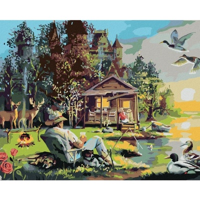 Zuty Malování podle čísel MUŽ SE PSY RYBAŘÍCÍ U JEZERA CHATA KACHNY A JELEN D. RUSTY RUST