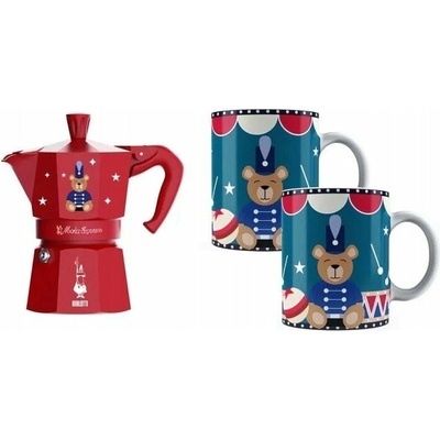Bialetti Sada Joyful Christmas, Moka Express 6tz, červený + 2 šálky o objemu 300 ml