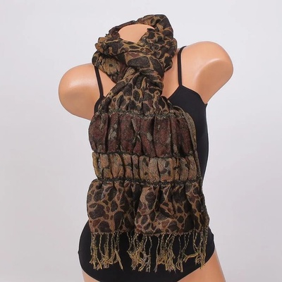 Дамски шал с набран ефект в кафяво и жълто с ресни