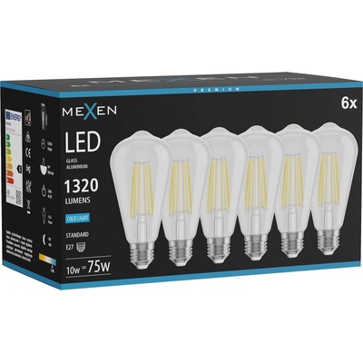 Mexen Vintis 6x LED филамент крушка E27, ST64, 10W, Студена - 6500K, 1320 lm, прозрачна - (L152-E27-1065-00x06)