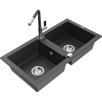 Mexen Mario гранитна мивка 2-коморна с кухненски смесител Flora, черен на пръски - 6504-76-670401-08 (6504-76-670401-08)