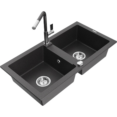 Mexen Mario гранитна мивка 2-коморна с кухненски смесител Flora, черен на пръски - 6504-76-670401-08 (6504-76-670401-08)