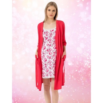Комплект нощница и халат във вишнево и бяло с мечета и сърца