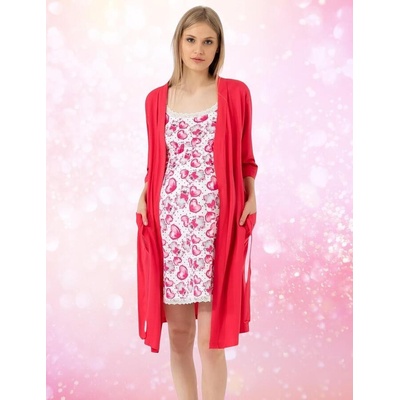 Комплект нощница и халат във вишнево и бяло с мечета и сърца