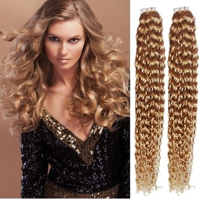 Vlasy pro metodu Pu Extension / TapeX / Tape Hair / Tape IN 60cm kučeravé - prírodná / svetlejšie blond