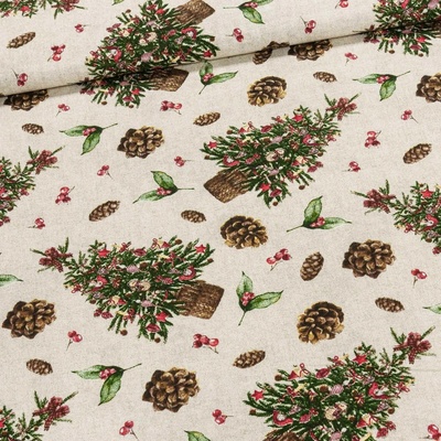 Směsové plátno vánoční 513030 UNICO ESTELIA, vánoční stromeček a šišky na režné, š.140cm (látka v metráži)