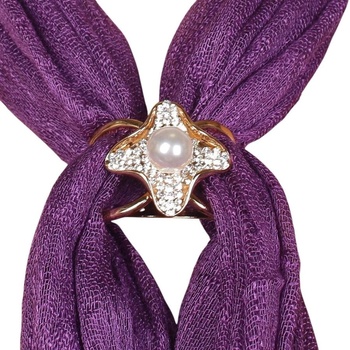 Златиста брошка-пръстен за шал - цвете с перла
