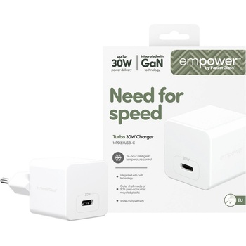 empower by PanzerGlass® Зарядно 220V empower by PanzerGlass Grand Prix Turbo Charger Single USB-C 30W EU Plug - Silver White