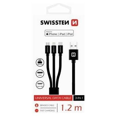 Swissten kabel Textile 3in1mFi 1,2m, černá