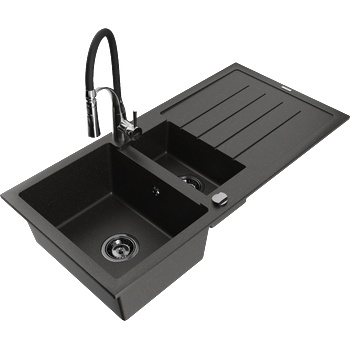 Mexen Andres гранитна мивка с 1, 5 камери и отцедник с кухненски смесител Aster, черен/златист металик - 6515-75-73450-07-B (6515-75-73450-07-B)