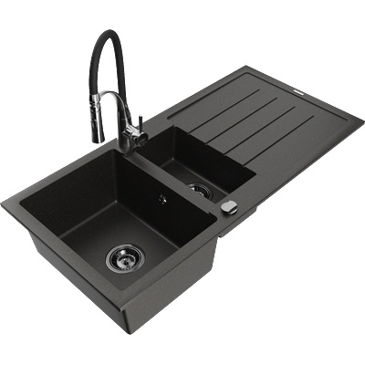 Mexen Andres гранитна мивка с 1, 5 камери и отцедник с кухненски смесител Aster, черен/златист металик - 6515-75-73450-07-B (6515-75-73450-07-B)