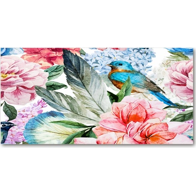 Fotoobraz sklenený na stenu do obývačky Kvety a vtáky 100x50 cm