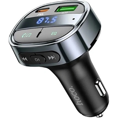 hoco. E70 Bluetooth FM предавател за кола, зарядно устройство USB+Type-C гнездо 30W, LED дисплей, ЧЕРНО (E70)