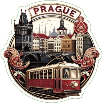 Samolepka ČR Prague s historickou električkou 6 x 6 cm - farebná