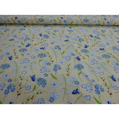 Bavlna modré kvety na vanilkovom podklade š.140cm