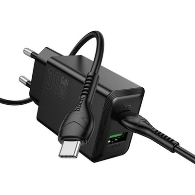 hoco. N71 Променливотоково зарядно устройство USB+Type-C гнездо 30W, PD бързо зарядно устройство 3.0 + Type-C кабел, ЧЕРНО N71_TYPEC_B (N71_TYPEC_B)