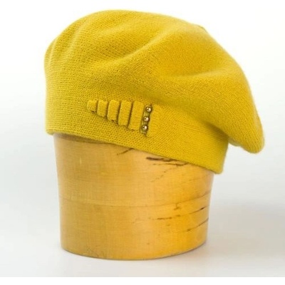 baret dámský pletený dvojitý se zdobení šipka hořčice