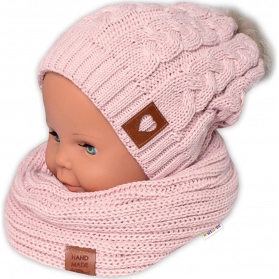 Baby Nellys zimní dvouvrstvá čepice s bambulí + komínek Love pudrová