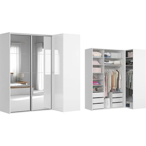 BRW Ъглов гардероб FLEX 221x116x240 см бял с огледало (F57-SZAFA_ZESTAW_16-BI/BIP/SZ-KPL01)