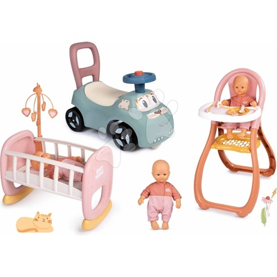 Smoby Set kuchynka moderná Loft Industrial a kolíska pre bábiku s jedálenskou stoličkou a vaničkou