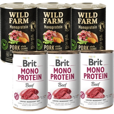 Brit Mono Protein hovädzie 3 x 400 g + Wild Farm monoproteinové bravčové 3 x 400 g
