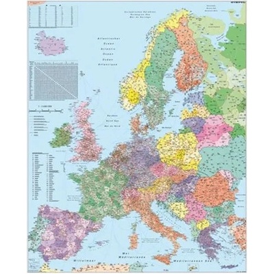 STIEFEL Nástenná mapa, 100x140 cm, kovová lišta, Európa, smerové čísla, STIEFEL - výrobok v AJ a NJ