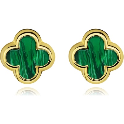 Šperky Eshop - Zlaté náušnice 14K hladký štvorlístek s imitací malachitu S5GG275.53