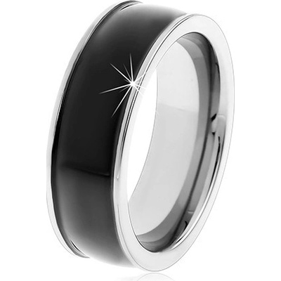 Šperky eshop Černý wolframový hladký prsten jemně vypouklý lesklý povrch stříbrné okraje AB33.02
