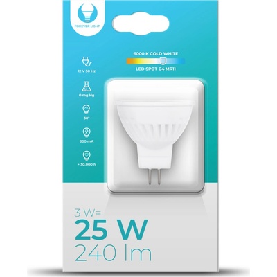Forever Light LED žiarovka G4, MR11, 3W, 240LM, 12V, 38°, Studená biela