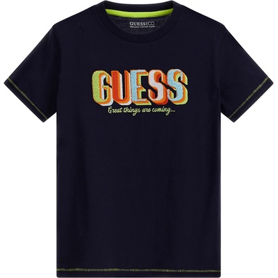 GUESS Tениска с къс ръкав в тъмно синьо за момче с многоцветен надпис Guess
