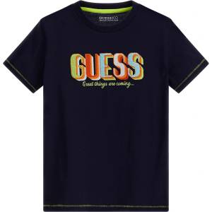 GUESS Tениска с къс ръкав в тъмно синьо за момче с многоцветен надпис Guess