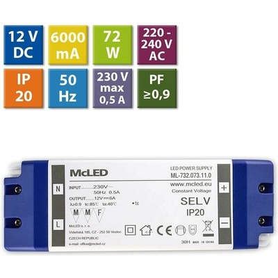 McLED LED transformátor 12V/72W ML-732.073.11.0