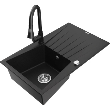 Mexen Cesar гранитна мивка с 1 отделение с отцедник и кухненски смесител Elia, черен - 6514-77-670101-70 (6514-77-670101-70)