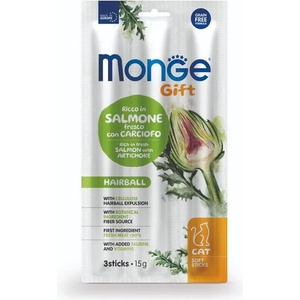 Monge Gift Cat Soft Sticks Hairball лакомство за котки против космени топки, стикчета със сьомга и артишок 15gr
