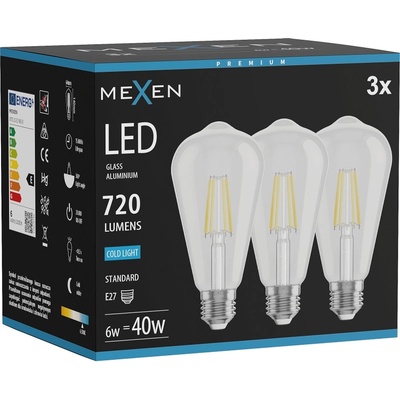 Mexen Vintis 3x LED Филаментна крушка E27, ST64, 6W, Студена - 6500K, 720 lm, прозрачна (L152-E27-0665-00x03)