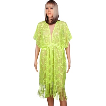 Мрежеста туника за плаж в неоново жълто с фламинго