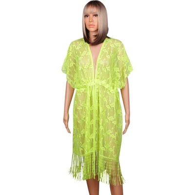 Мрежеста туника за плаж в неоново жълто с фламинго