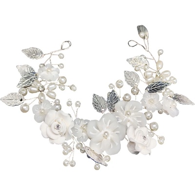 Naishide Jewelry Ozdoba do vlasů s bílými květy, perlami a stříbrnými lístky