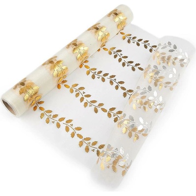 Stoklasa Vánoční organza s potiskem - cesmína, šíře 36 cm Balení: 4.5 m, Varianta: 2 krémová světlá zlatá 2 krémová světlá zlatá