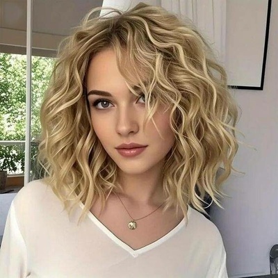 Webshaiy Medově blond paruka pro ženy, kudrnatá vlnitá vrstvená bob paruka po ramena s ofinou,